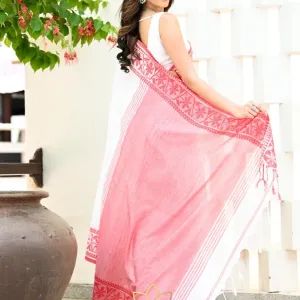 Festive Khadi Cotton Saree in White & Pink Woven Border