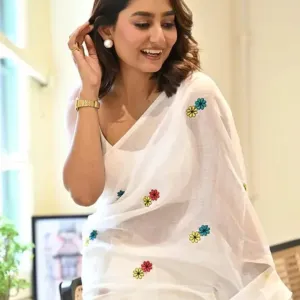 White Khadi Cotton Saree with Colorful F...