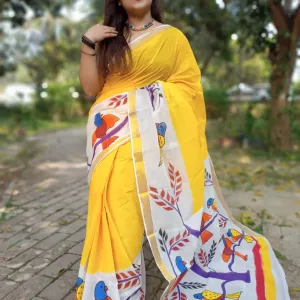 Yellow Kerala Cotton Hand Painted Saree...