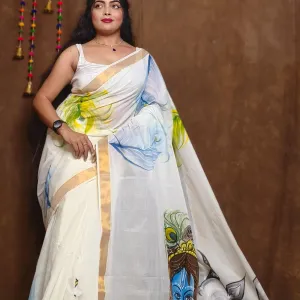 Divine Krishna Kerala Cotton Hand-Painted Saree with Blouse Piece – Cow & Peacock Feather Motif