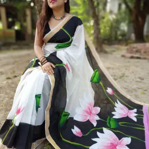 Kerala Cotton Hand Painted Saree with Lo...