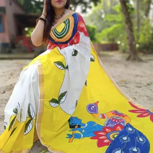 Kerala Cotton Hand Painted Saree with Krishna Peacock Motif Multicolor