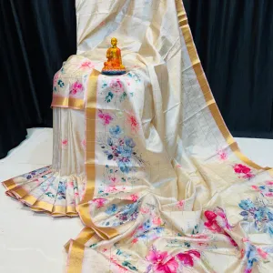 Floral Viscose Modal Silk Saree Elegant Golden Border Blouse Piece