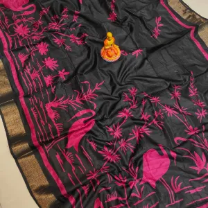 Exclusive Matka Slub Silk Saree Premium Soft Fabric Look Black Pink