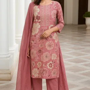 Dusty Rose Floral Printed Kurta Set with...