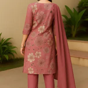 Dusty Rose Floral Printed Kurta Set with Solid Dupatta