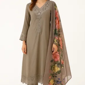 Grey Brown Taupe Embroidered Straight Cu...