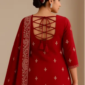Elegant Red Embroidered Pure Cotton Suit Set