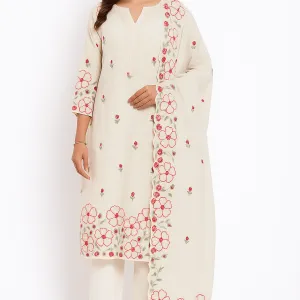 Ivory Floral Embroidered Cotton Suit Set...