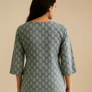 Grey Printed Suit Set with Matching Dupatta