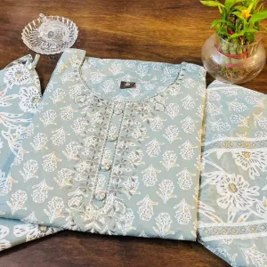 Grey Printed Suit Set with Matching Dupatta
