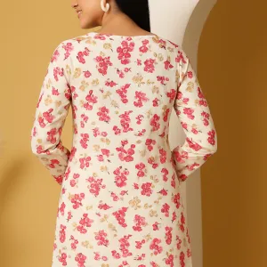Floral Printed Cotton Short Kurti Cream Color for Women