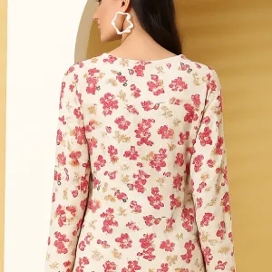 Floral Printed Cotton Short Kurti Cream Color for Women