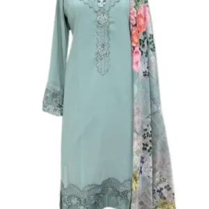 Sage Green Embroidered Georgette Suit with Floral Dupatta