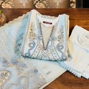 Sky Blue Embroidered Suit Set with Dupatta