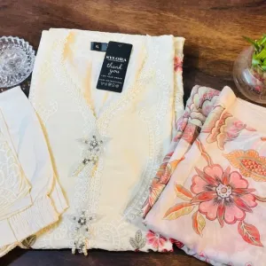 Ivory Floral Embroidered Suit Set with Sheer Dupatta