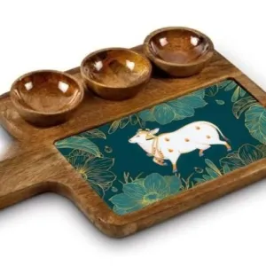 Rectangular Mango Wood Serving Tray With Three Bowl Combo For Snacks