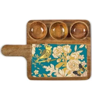 Handcrafted Mango Wood Printed Serving Platter With Three Bowl Set