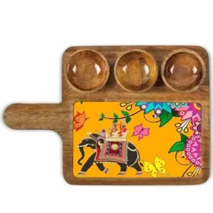 Modern Mango Wood Snack Serving Tray With Handle And Three Bowls