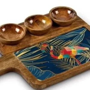 Decorative Mango Wood Appetizer Tray With Handle And Bowl Inserts
