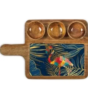 Decorative Mango Wood Appetizer Tray With Handle And Bowl Inserts