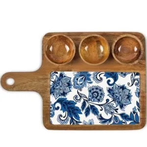 Premium Mango Wood Serving Platter With Handle And Three Bowls