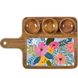 Stylish Mango Wood Snack Tray With Handle And Three Bowl Arrangement