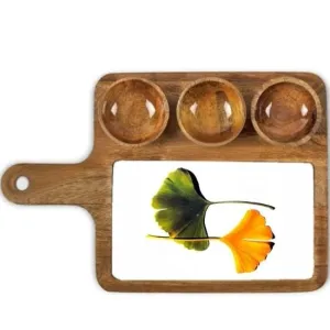 Elegant Mango Wood Appetizer Platter With Handle And Triple Bowl Design