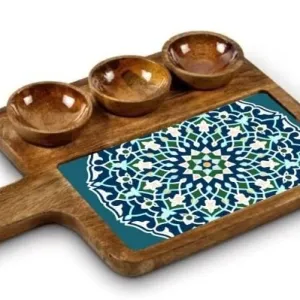 Classic Mango Wood Printed Serving Tray With Handle And Three Bowls
