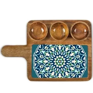 Classic Mango Wood Printed Serving Tray With Handle And Three Bowls