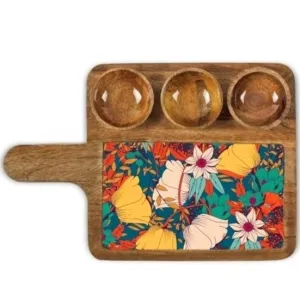 Designer Mango Wood Appetizer Tray With Handle And Triple Bowl Layout
