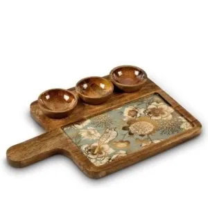 Large Mango Wood Snack Serving Platter With Three Bowls 37x24 Cm