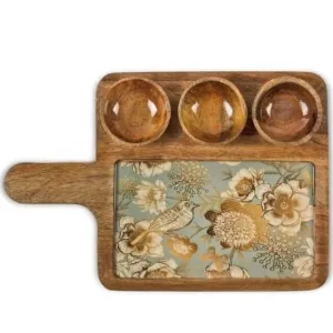 Large Mango Wood Snack Serving Platter With Three Bowls 37x24 Cm
