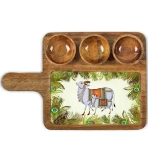 Printed Mango Wood Appetizer Platter With Handle And Three Bowl Set 16x10 Inch