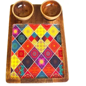 Square Mango Wood Serving Tray With Two Bowl Appetizer Set 12x8 Inch