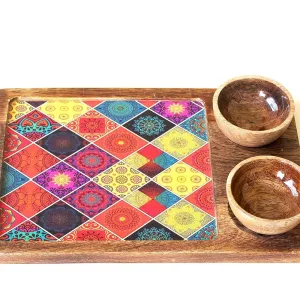 Square Mango Wood Serving Tray With Two Bowl Appetizer Set 12x8 Inch