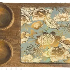 Printed Mango Wood Snack Platter With Two Bowl Set 30x20 Cm