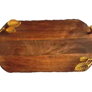 Mango Wood Rectangular Serving Tray With Elegant Gold Handles 18x10 Inch
