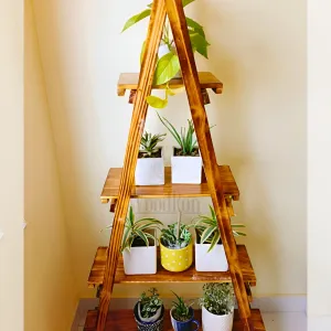 Premium 4 Tier Pinewood Ladder Shelf for Living Room Decor