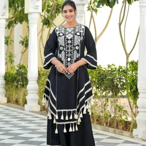 Black and White Embroidered Kurta Set wi...