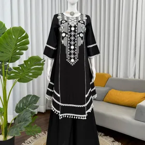 Black and White Embroidered Kurta Set with Palazzo Pants Black & White