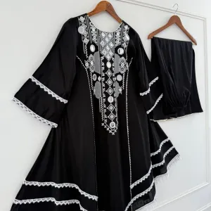Black and White Embroidered Kurta Set with Palazzo Pants Black & White