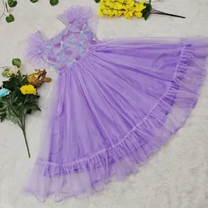 Girls’ Lavender Net Party Dress with Floral Embroidery