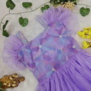 Girls’ Lavender Net Party Dress with Floral Embroidery