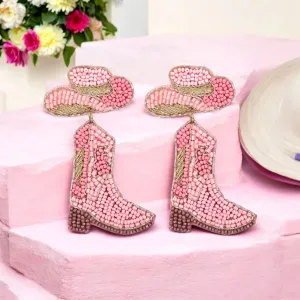 Pink Beaded Cowboy Boot and Hat Statement Earrings