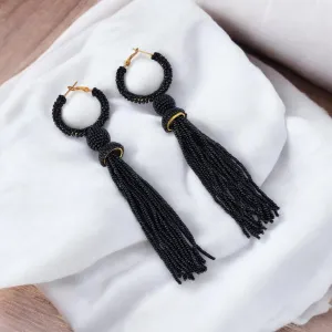 Elegant Black Beaded Hoop Earrings with...
