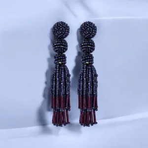 Chic Navy Blue Beaded Tassel Earrings -...