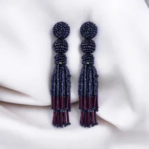 Chic Navy Blue Beaded Tassel Earrings - Sophisticated Statement jewellery