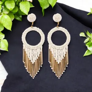 White Beaded Hoop Earrings with Gold Fringe – Elegant Statement Jewellery