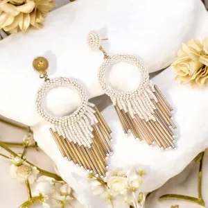 White Beaded Hoop Earrings with Gold Fringe – Elegant Statement Jewellery